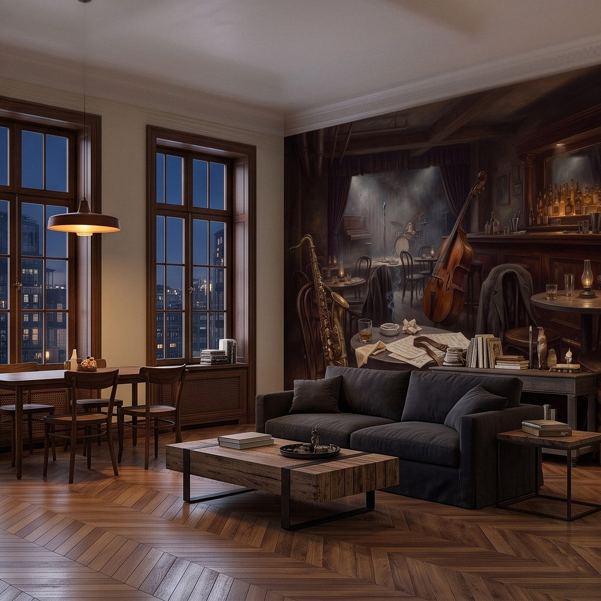Wall mural of a dark jazz bar interior with saxophone, double bass, and fireplace
