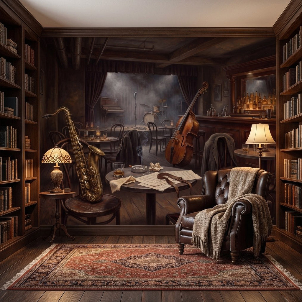 Retro music lounge wall mural with saxophone and double bass in a dim speakeasy room