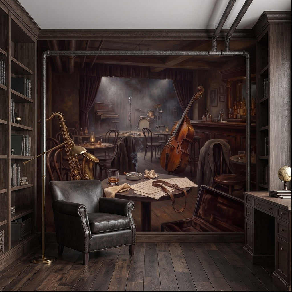 Wall mural in an alcove showing saxophone, double bass, and lounge furniture