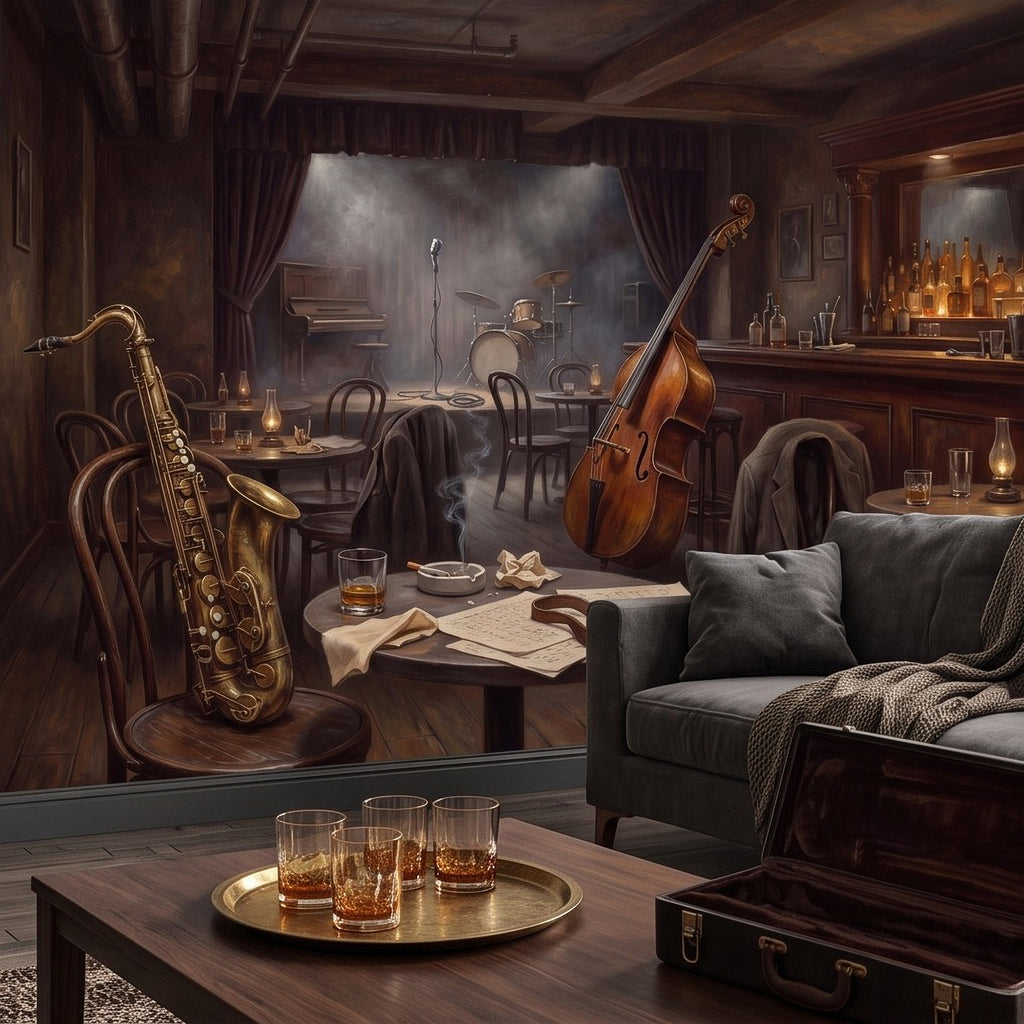 Wall mural view of a jazz lounge with saxophone, double bass, and candled tables