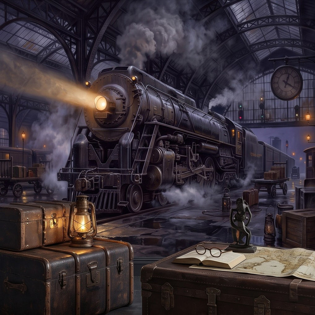 Steam locomotive wall mural with train engine and smoke, view from desk corner
