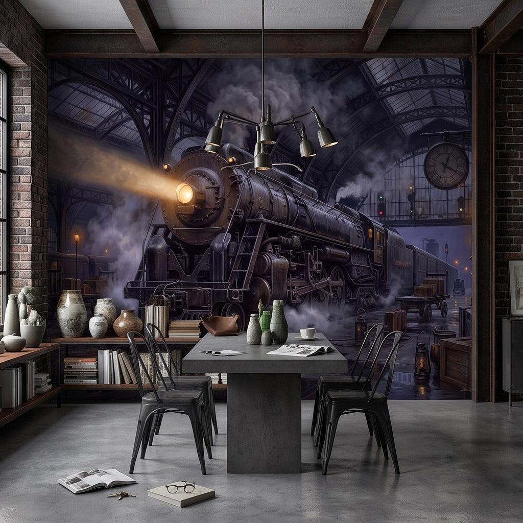 Steam locomotive wall mural with glowing lamps and smoke in industrial station dining space