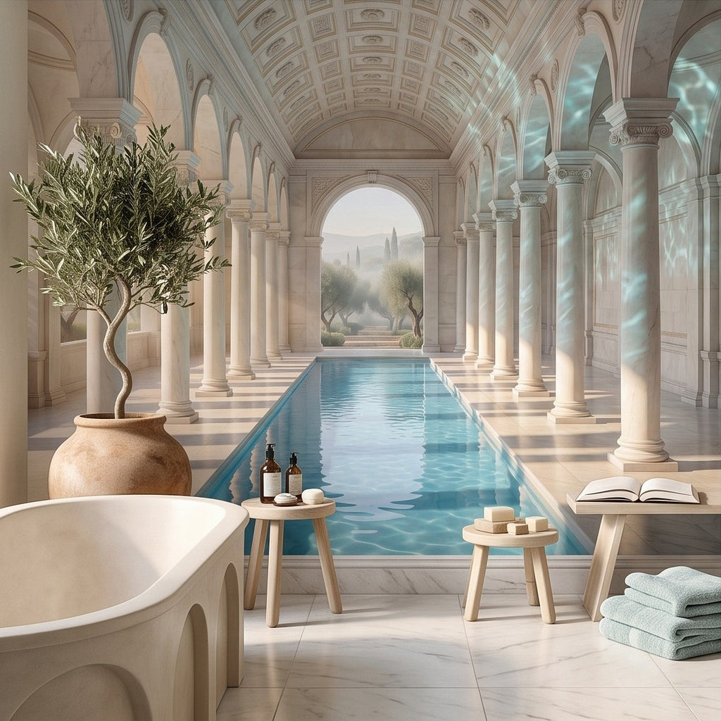 Mediterranean wall mural with arched columns, pool walkway, and bathtub corner