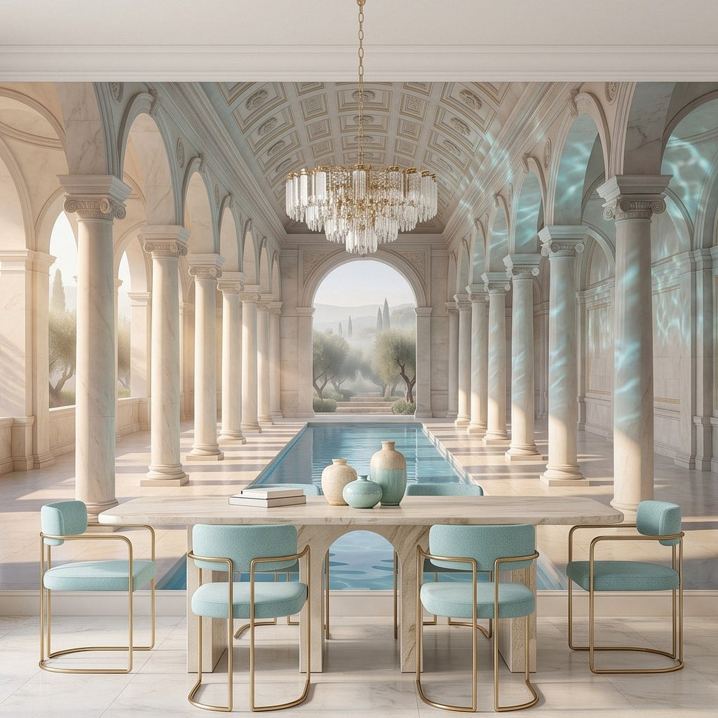 Mediterranean wall mural showing arched colonnade with pool and dining table
