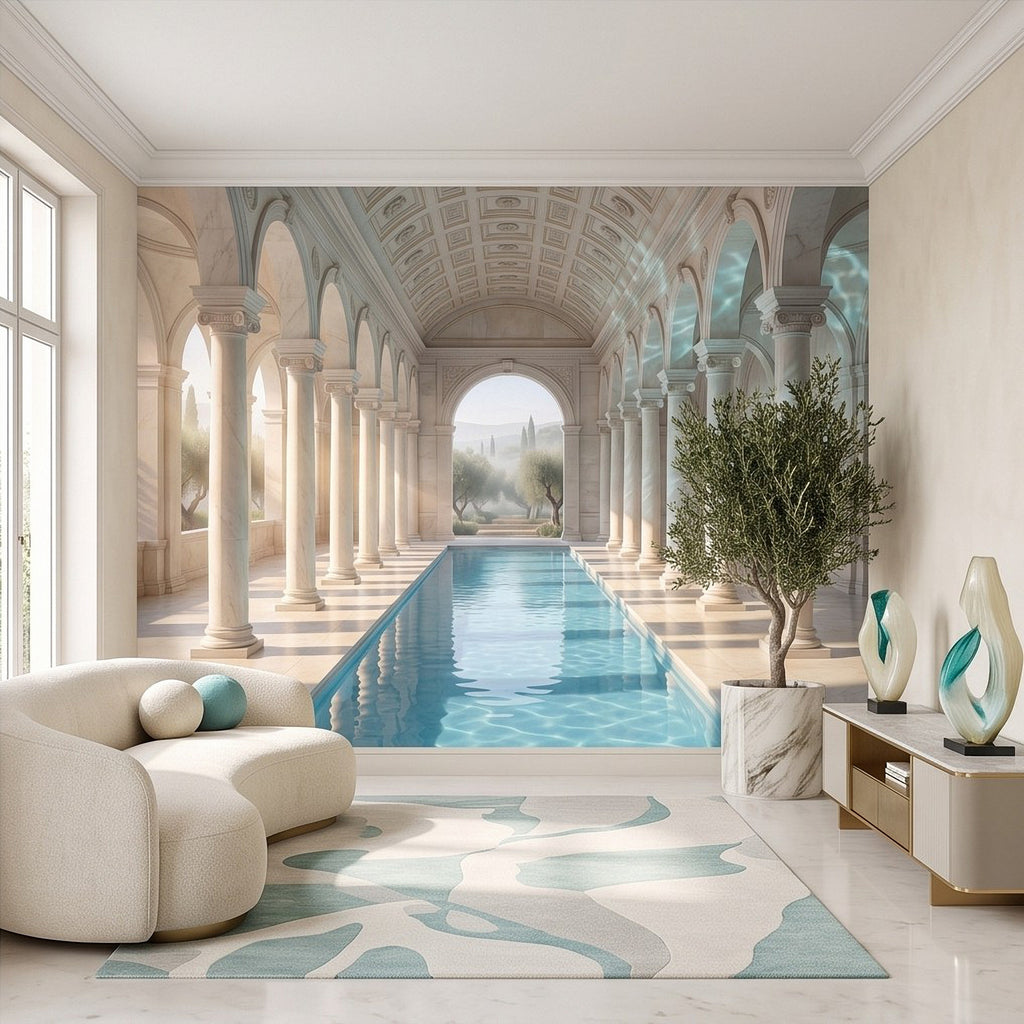 Arches and columns mural with blue pool in center and indoor living area styling