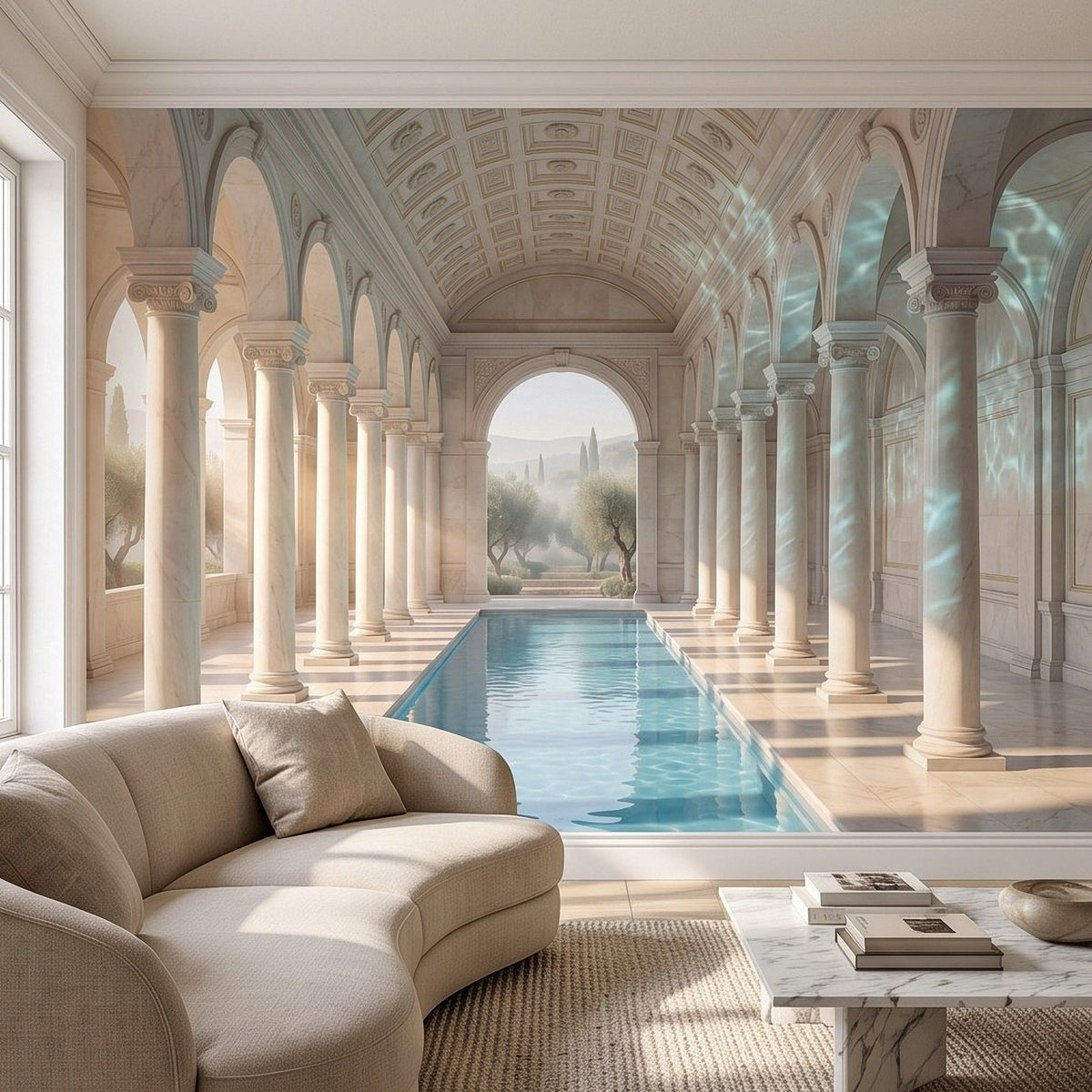 Mediterranean corridor mural with columns and blue pool viewed from sofa seating