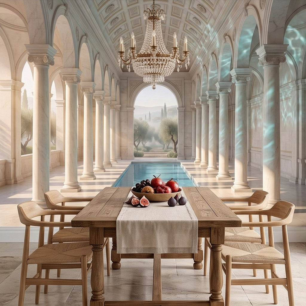 Mediterranean wall mural with arched colonnade, pool, and wooden dining table centerpiece