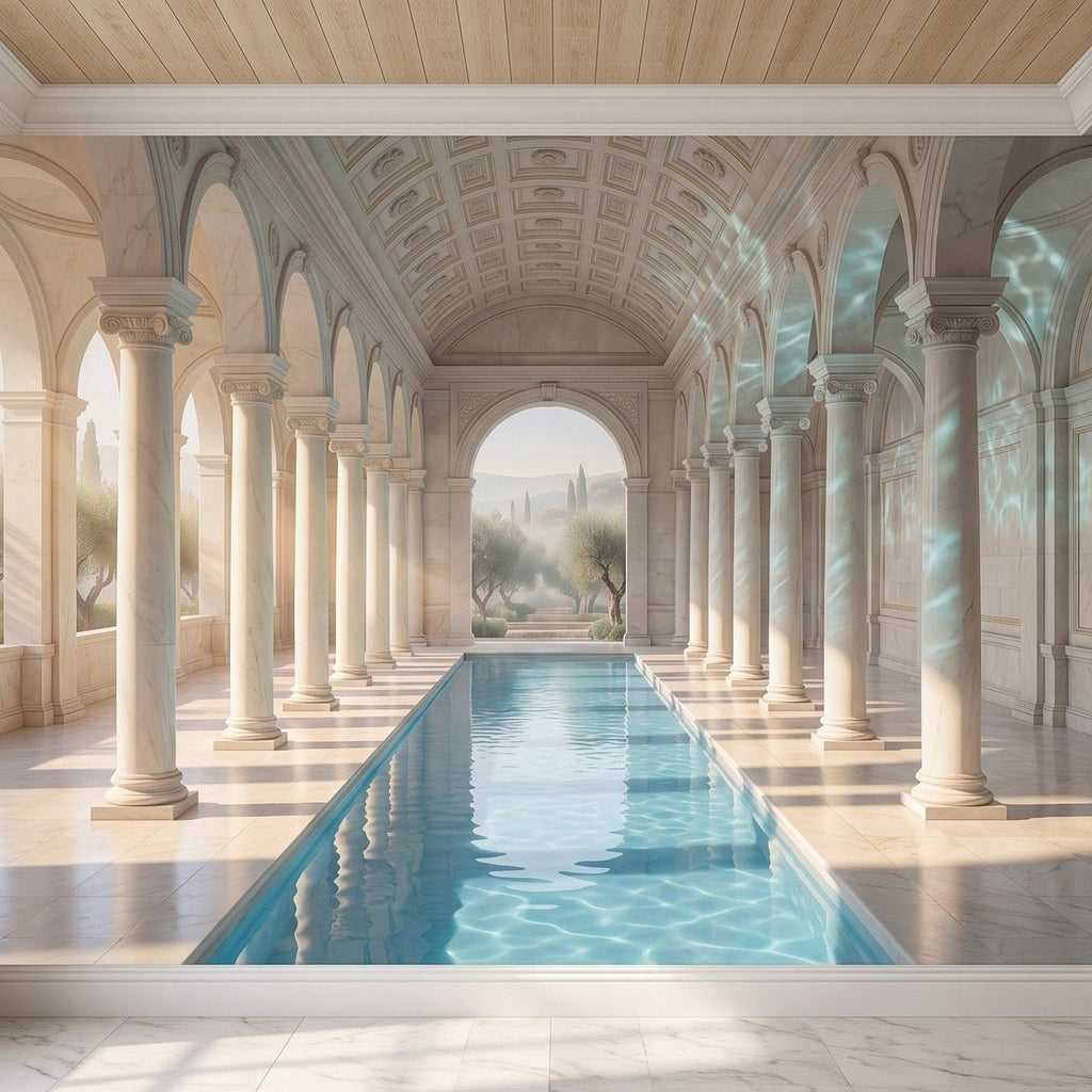 Indoor pool arch mural with repeating columns and pale vaulted ceiling