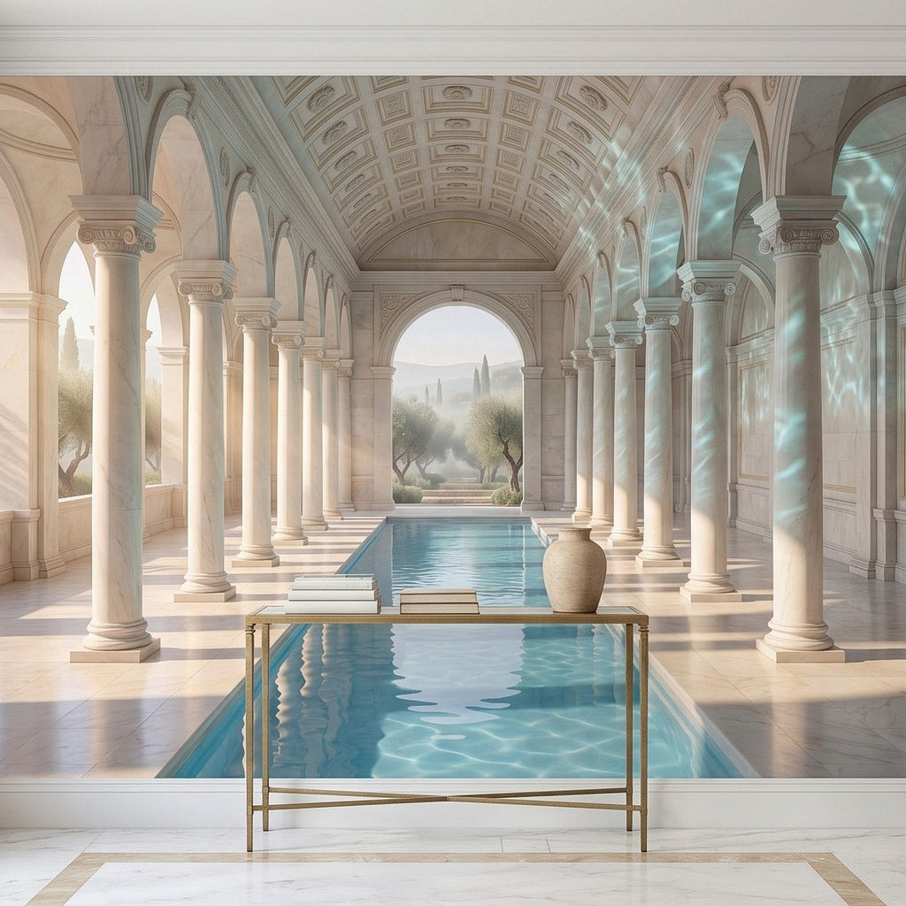 Mural of arched walkway with columns and blue pool centered with glass table