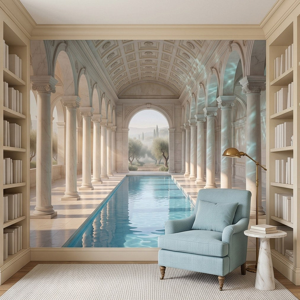 Mediterranean wall mural of marble arches and columns framing a pool courtyard