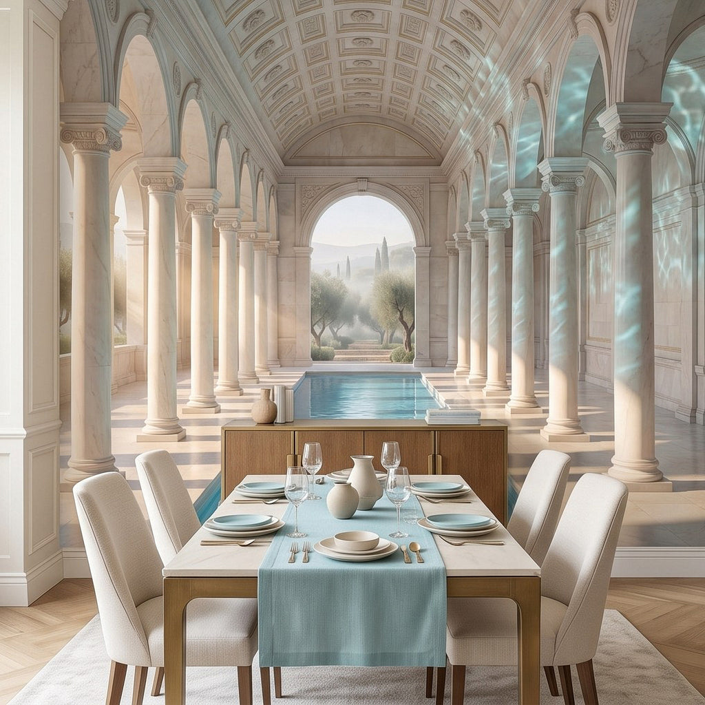 Mediterranean wall mural with pool colonnade and dining table set with chairs