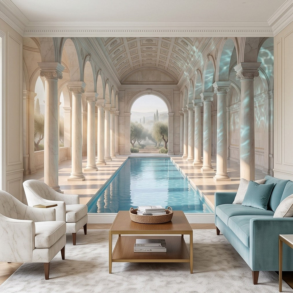 Wall mural featuring arched colonnade and blue pool with lounge seating