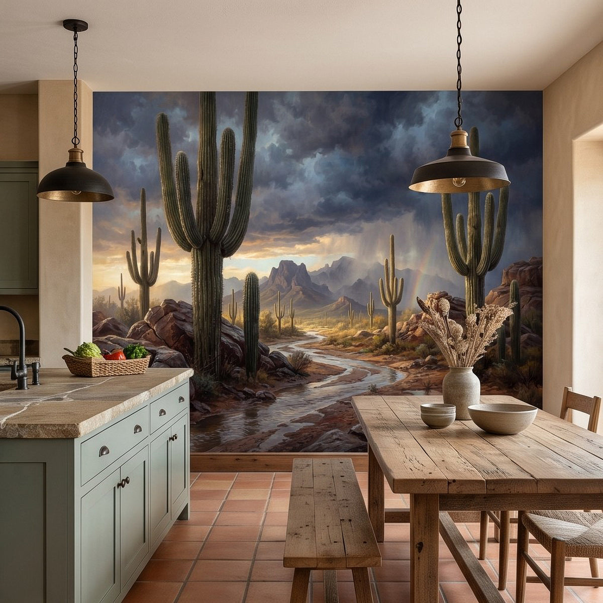 Desert cactus wall mural with saguaro and rocky path under stormy clouds