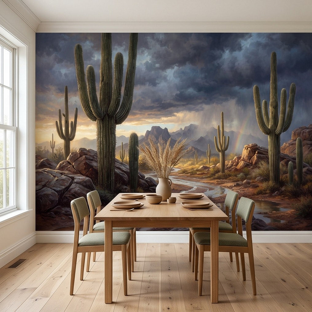 Desert cactus wall mural with saguaro cacti, rocky terrain, and moody sky
