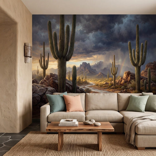 Southwest desert wall mural with tall saguaro cacti, rocky path, stormy sky