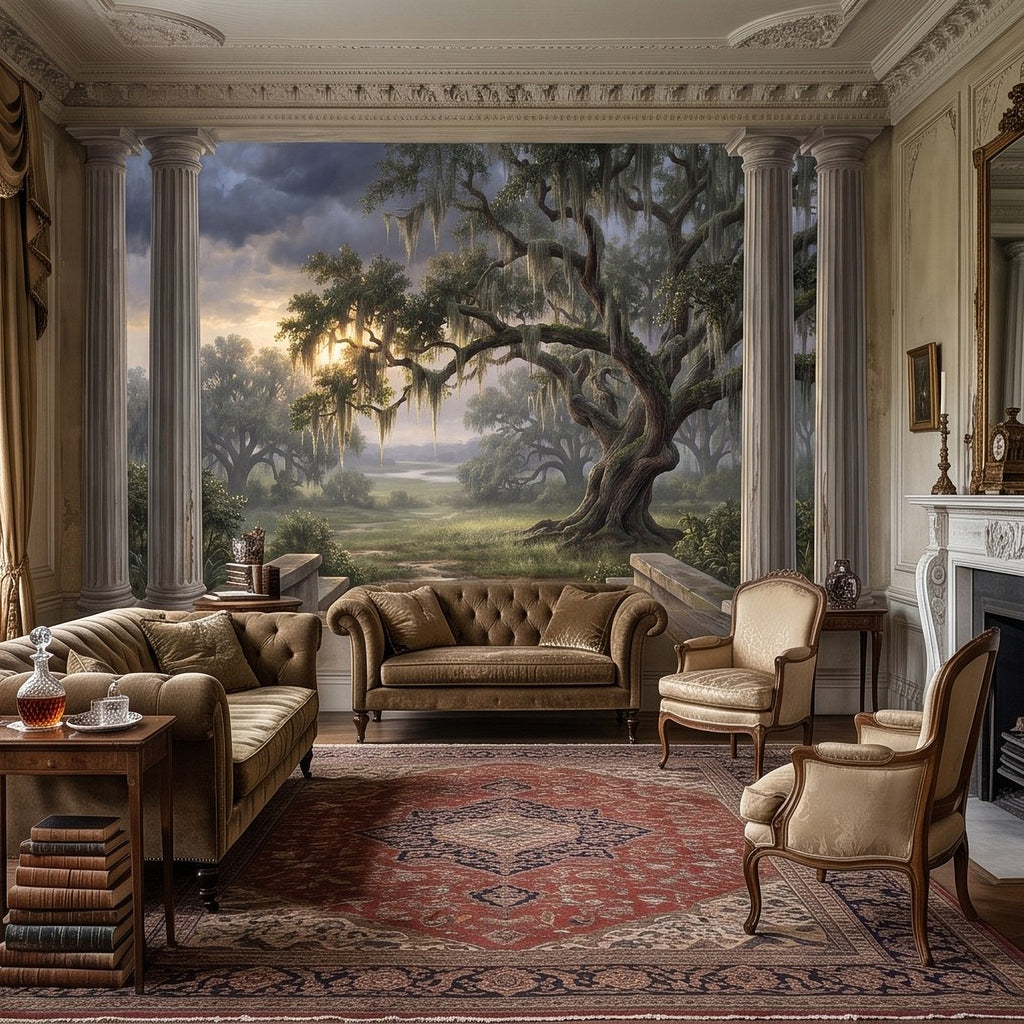 Wall mural of grand oak with Spanish moss and misty landscape, bordered by columns