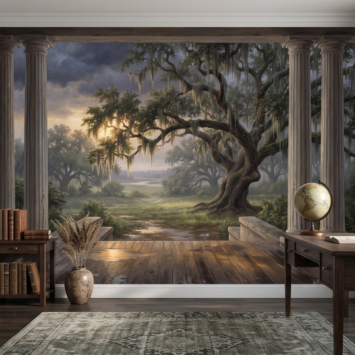 Tree and Spanish moss landscape wall mural with classical porch columns