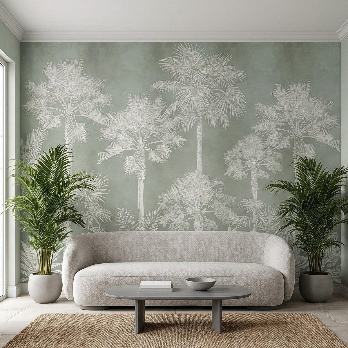 Sage green tropical palm wall mural with white palm fronds over wall