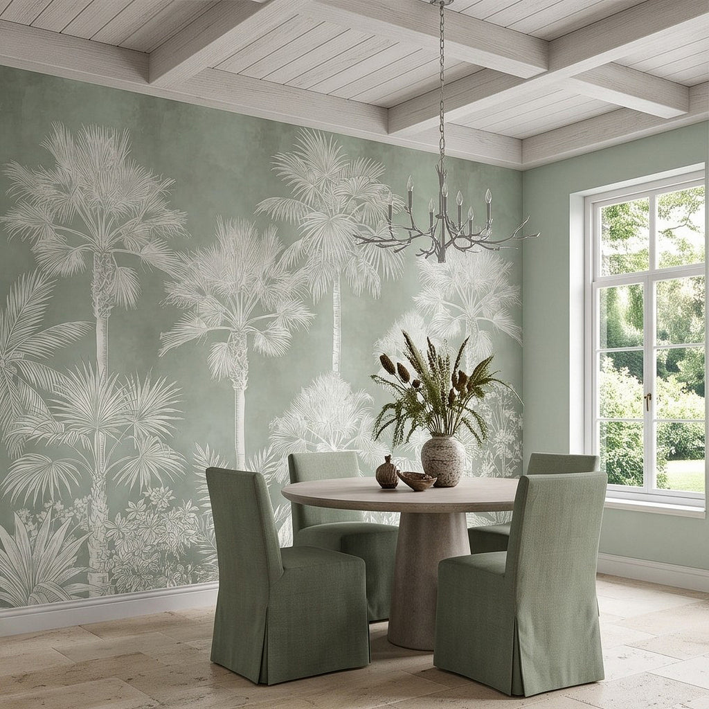 Sage green wall mural with white palm trees and botanical pattern behind dining table