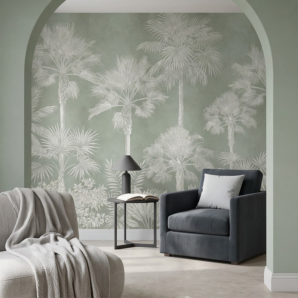 Sage green wall mural with white palm trees and tropical foliage, arched accent view