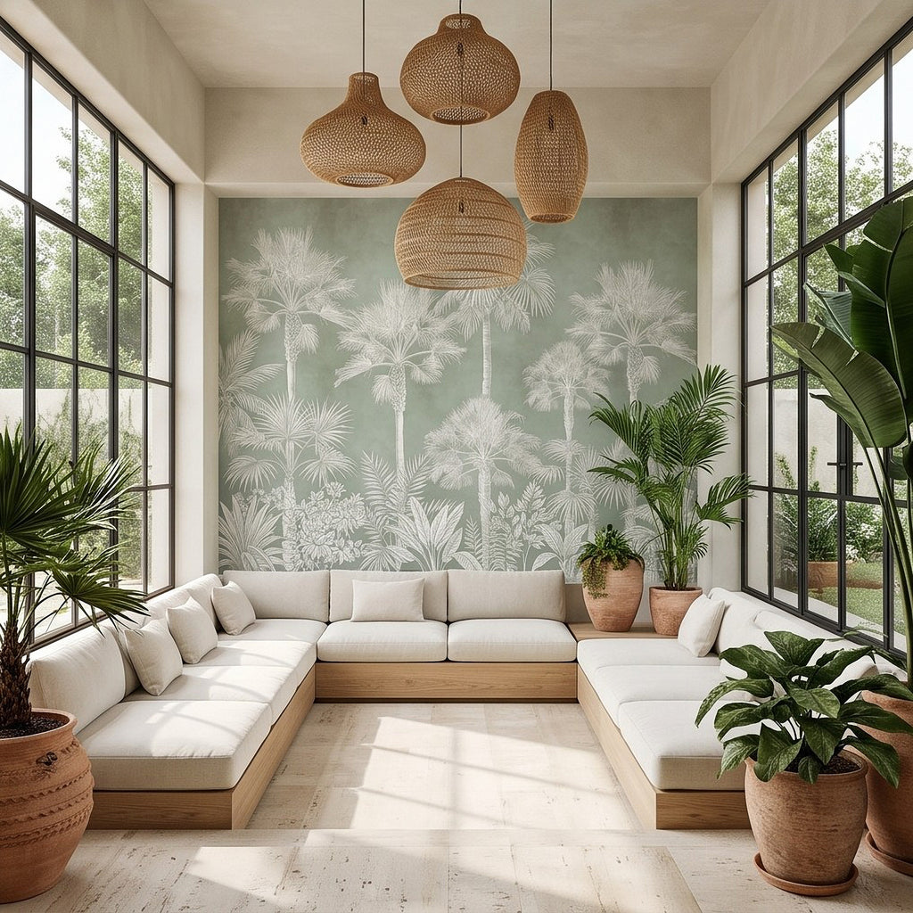 Tropical palm wall mural on sage green wall with white fronds in living room