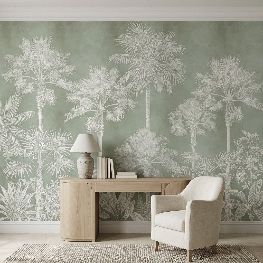 White tropical palm wall mural pattern on sage green wall behind armchair