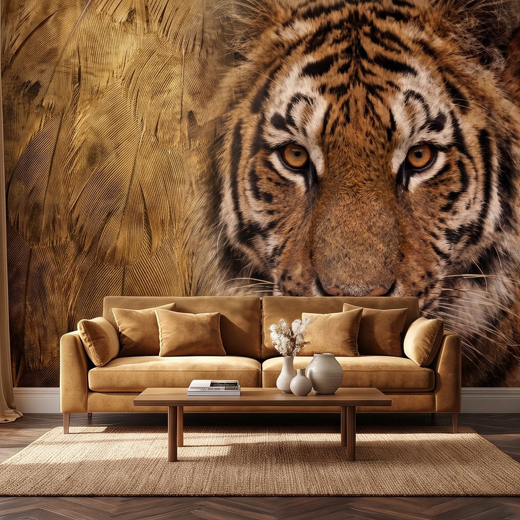 Tiger wall mural with centered tiger portrait and warm brown striped fur