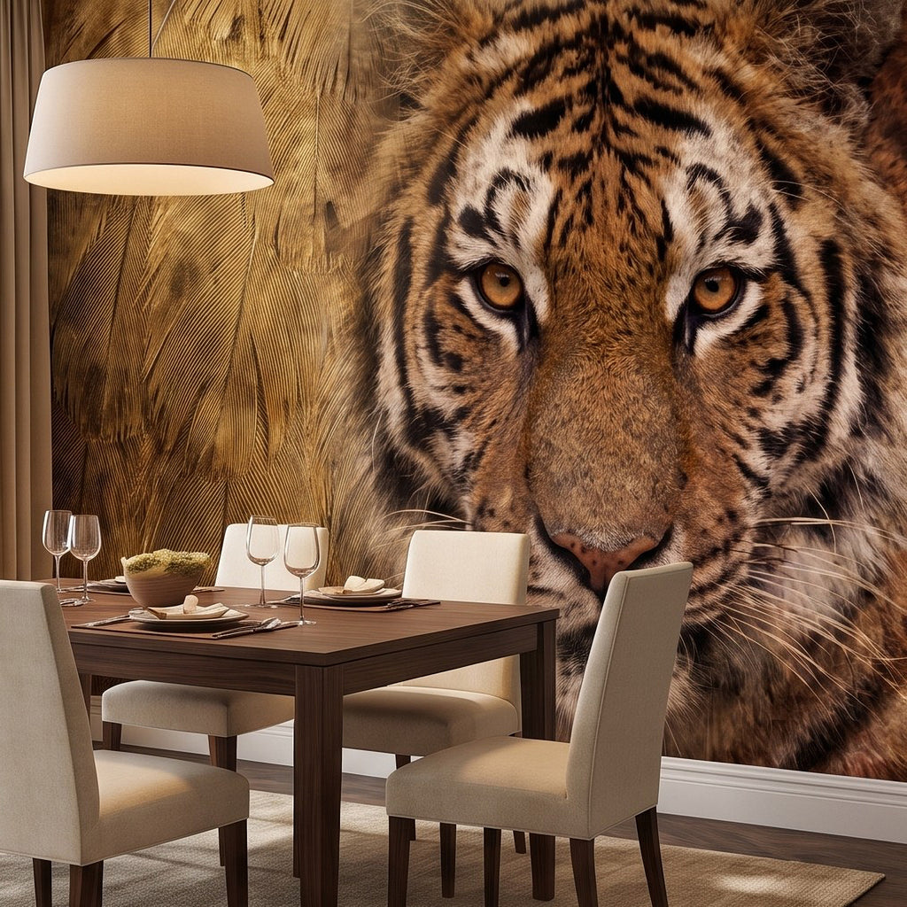 Tiger wall mural with large tiger eyes and detailed stripe and whisker fur