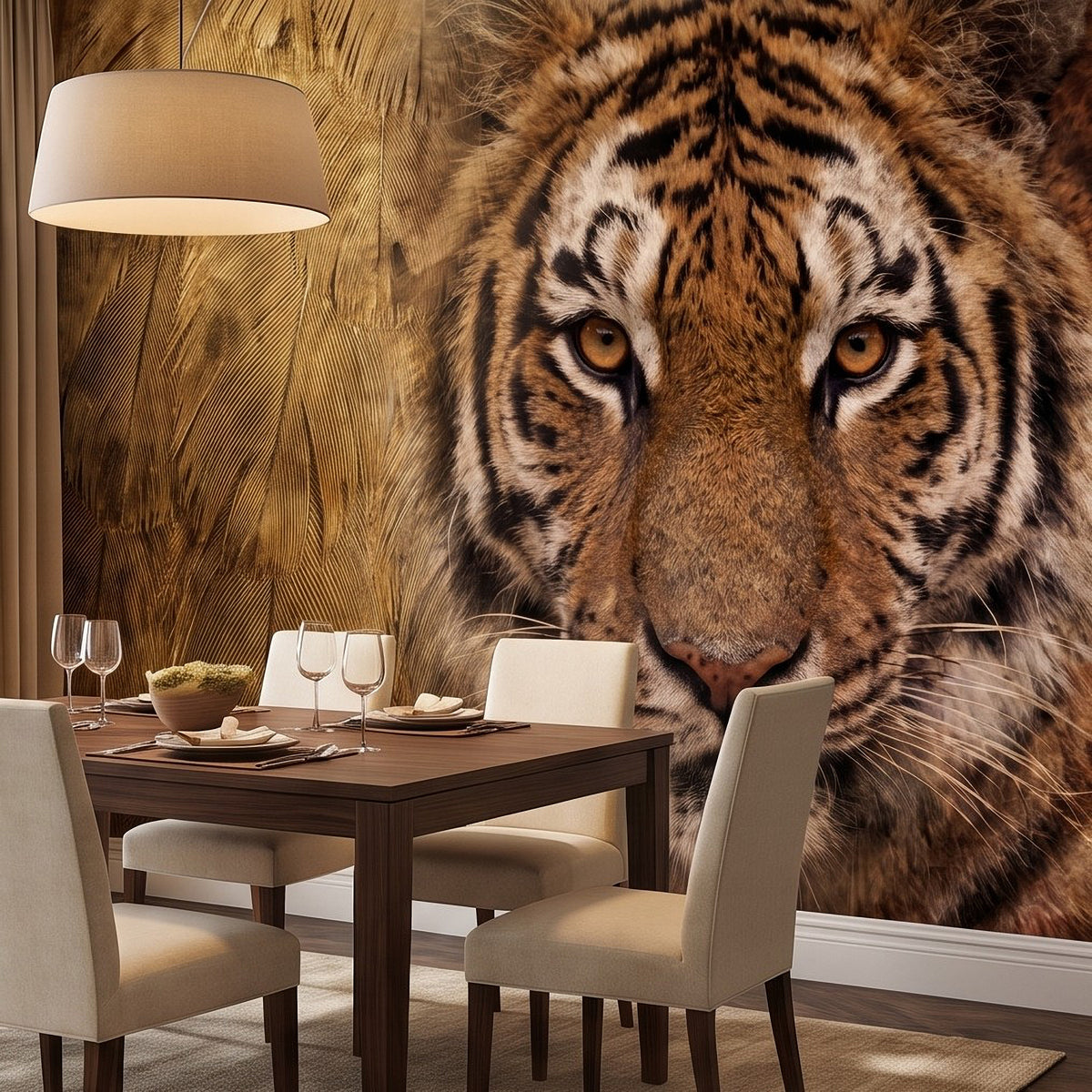 Tiger wall mural with large tiger eyes and detailed stripe and whisker fur