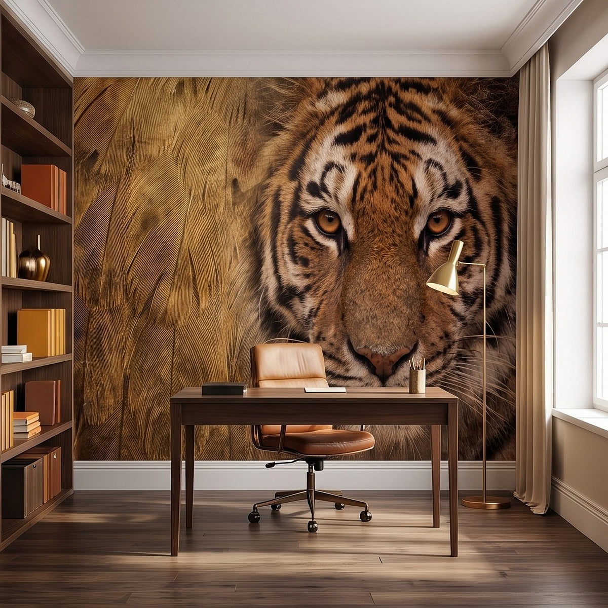 Tiger face wall mural filling the wall, detailed eyes and whiskers