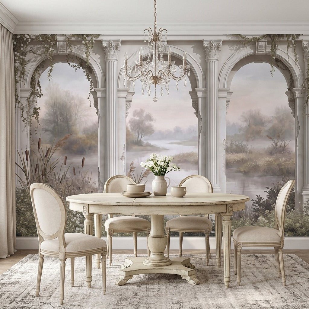 Romantic arched column wall mural with misty lake landscape and floral greenery