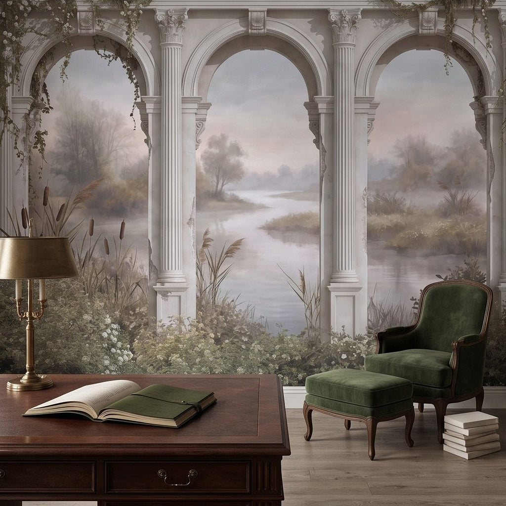 Classical arches landscape wall mural with white columns and foggy lake waterway