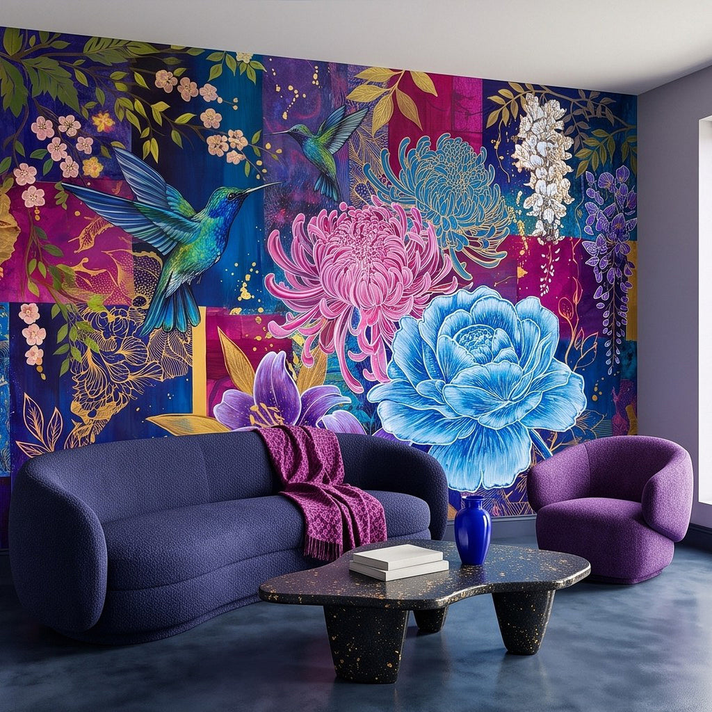 Botanical wall mural with hummingbird, pink flowers, blue peony bloom, and ornate vines
