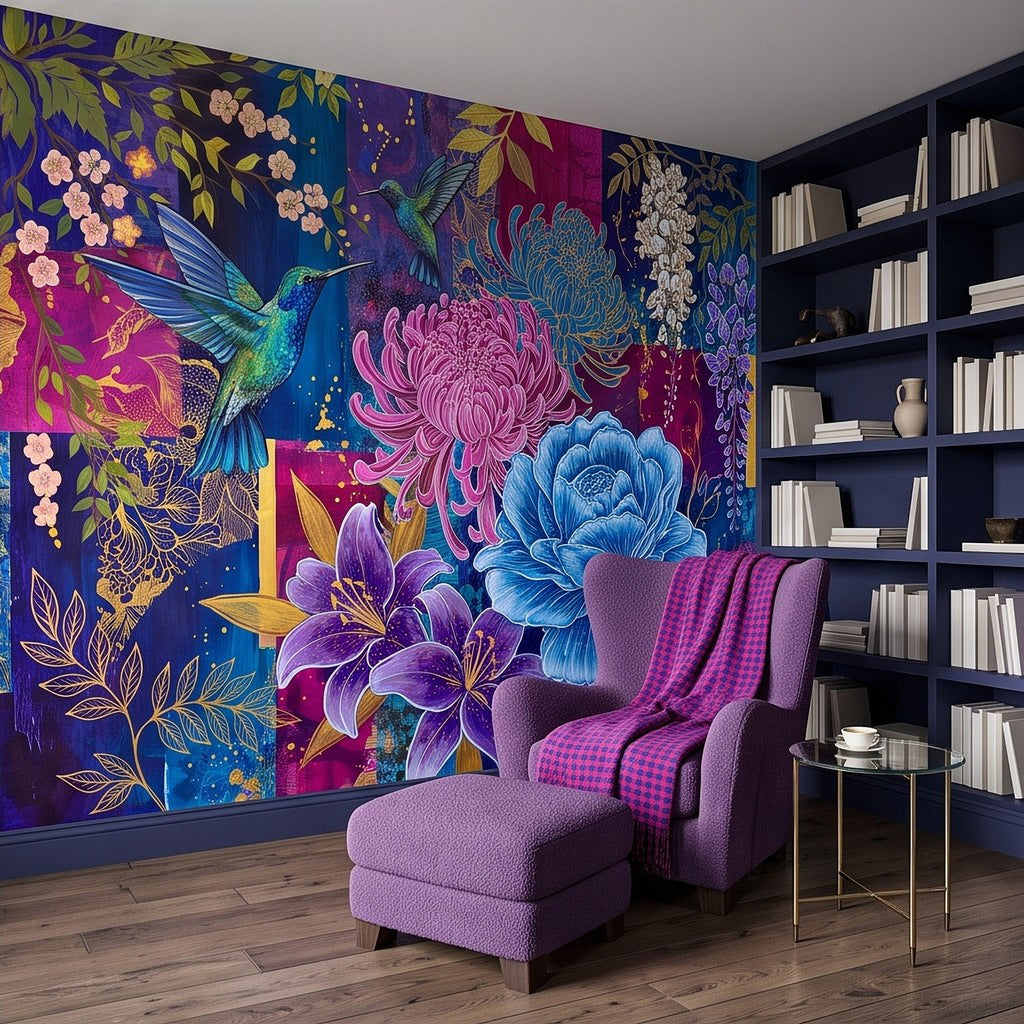 Botanical wall mural featuring hummingbird, pink chrysanthemum, and blue peony blooms