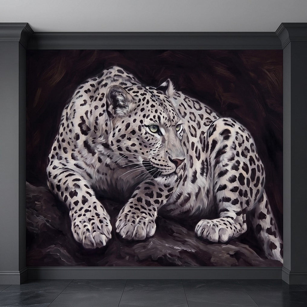 Snow leopard wall mural painting featuring a crouching big cat with white-gray spots