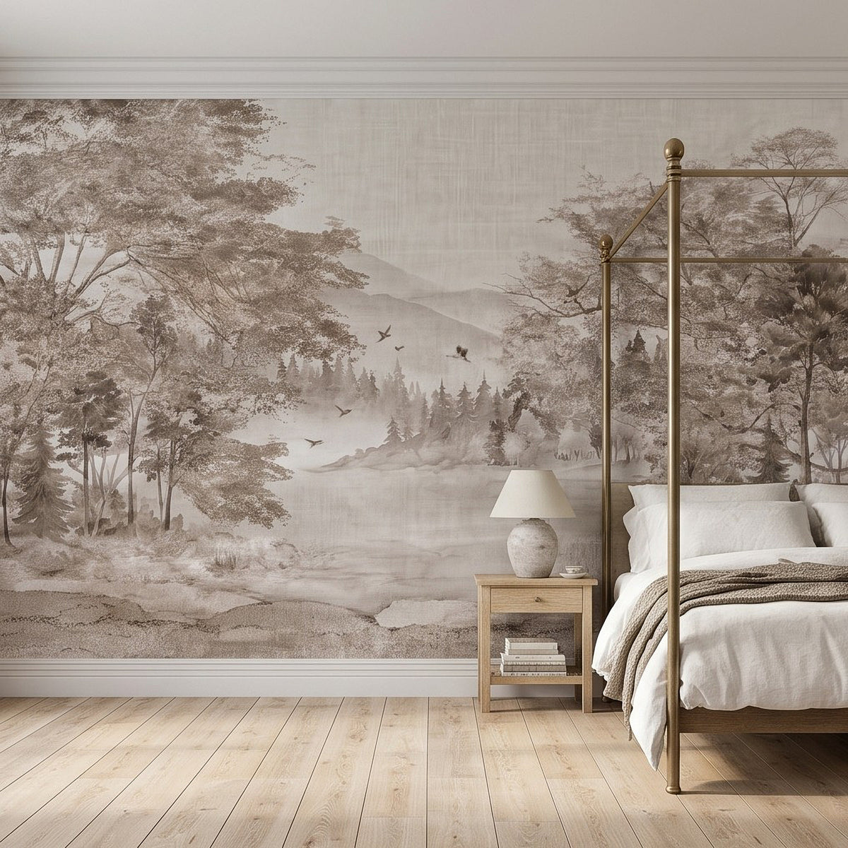 Neutral woodland scene wall mural with layered trees, mist, and distant birds