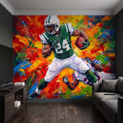 Installed football wall mural showing running back in green jersey #24 in an action pose