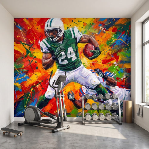 Large football player wall mural painting in green jersey and white pants with football