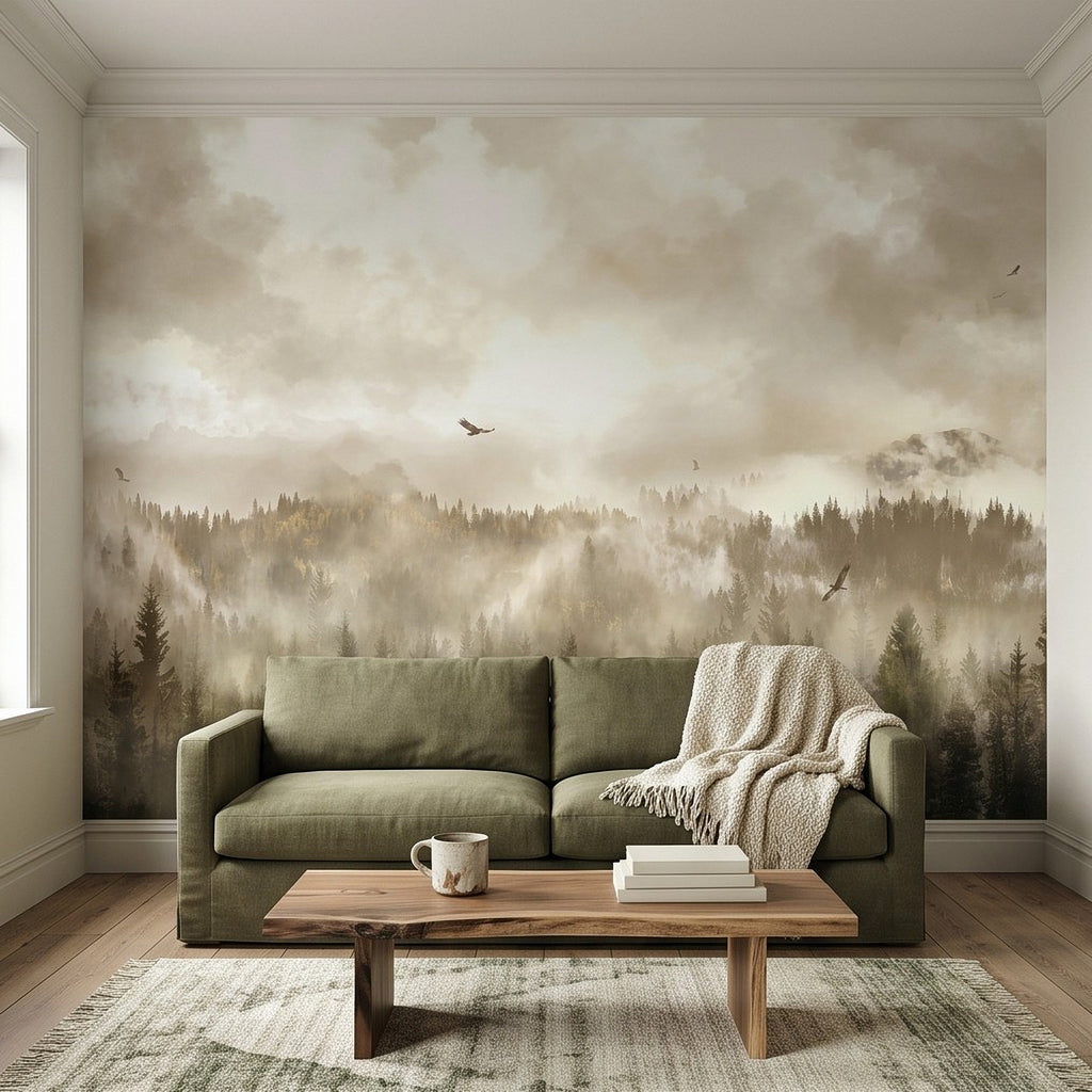 Foggy pine forest mountain wall mural with birds in misty sky