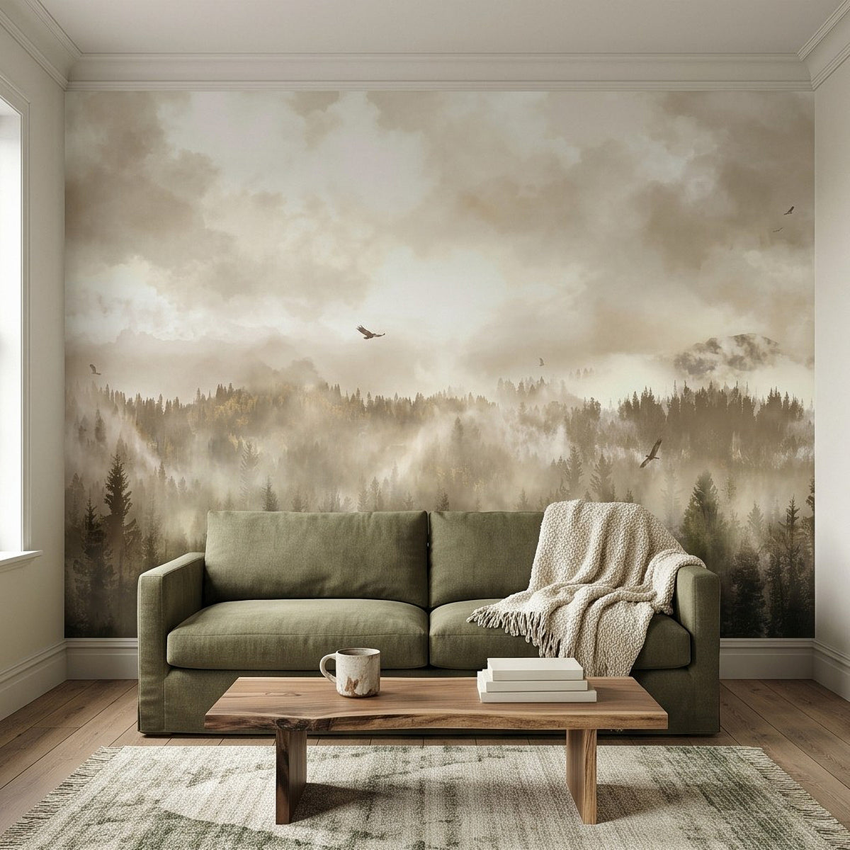 Foggy pine forest mountain wall mural with birds in misty sky