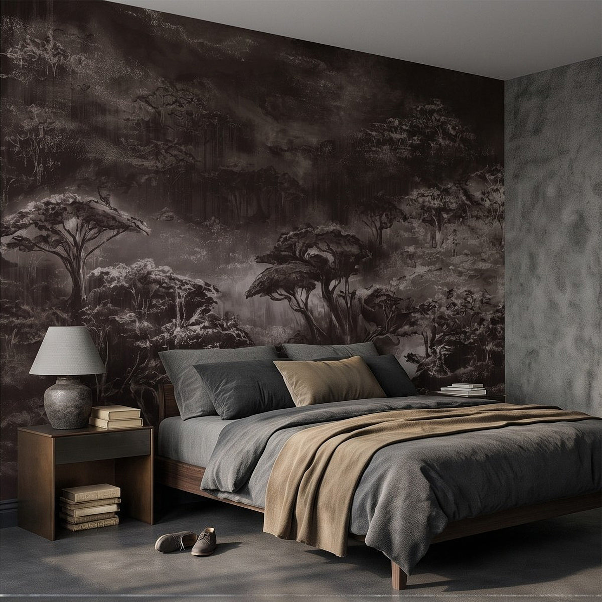Woodland landscape wall mural with dark fog, twisting trees, and vintage art style
