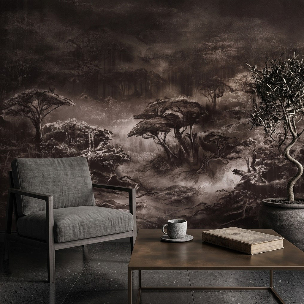 Misty woodland forest wall mural with dark trees, fog, and vintage landscape art