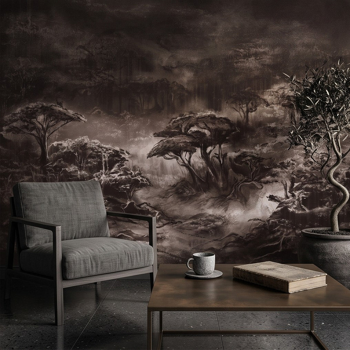 Misty woodland forest wall mural with dark trees, fog, and vintage landscape art