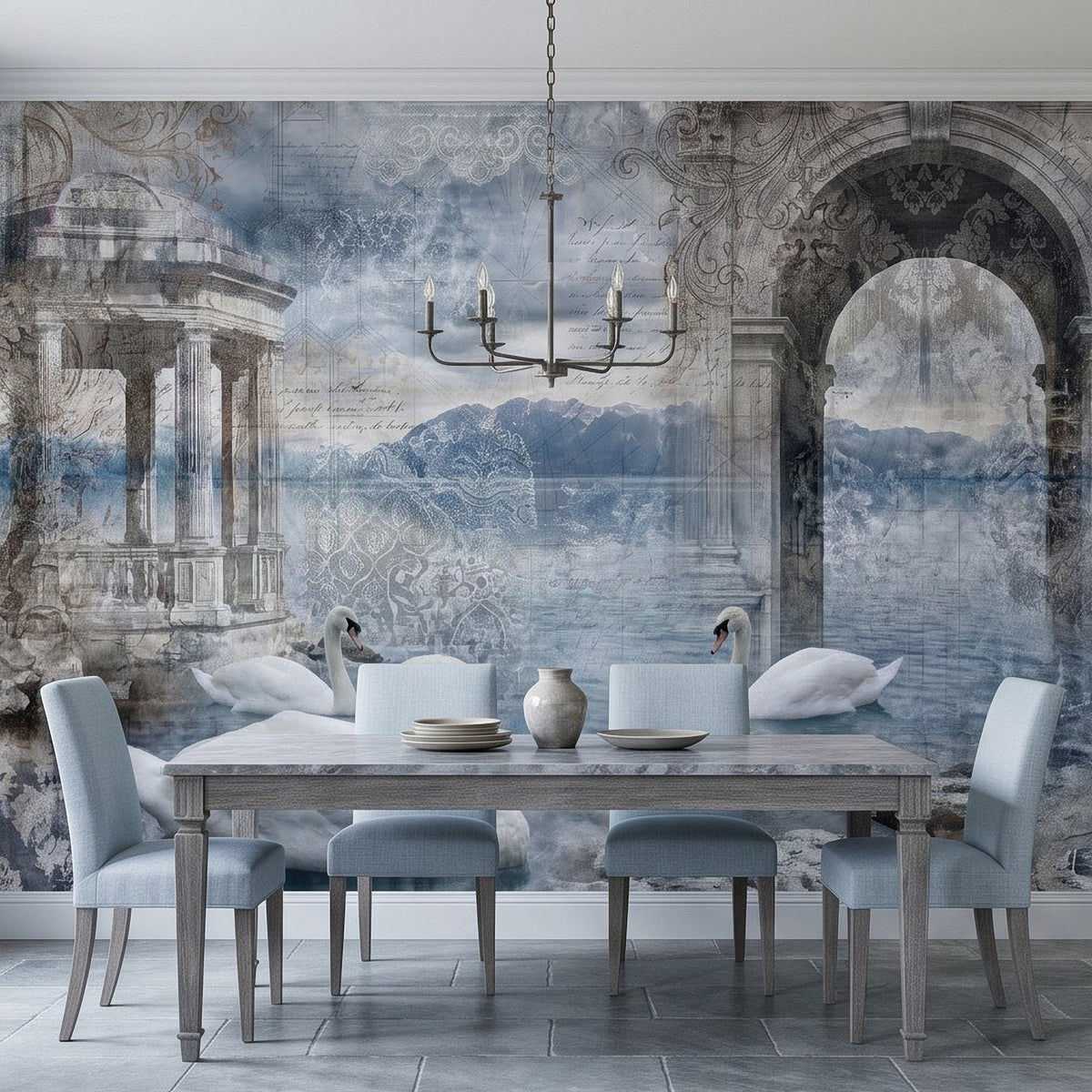 Blue-gray swan and ruins wall mural panel with stone arches and mountain landscape
