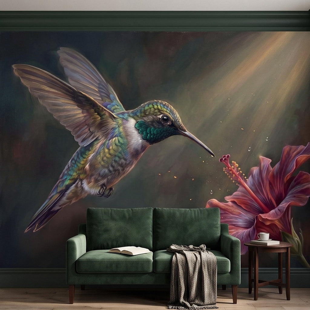 Hummingbird and hibiscus tropical wall mural above a green velvet sofa