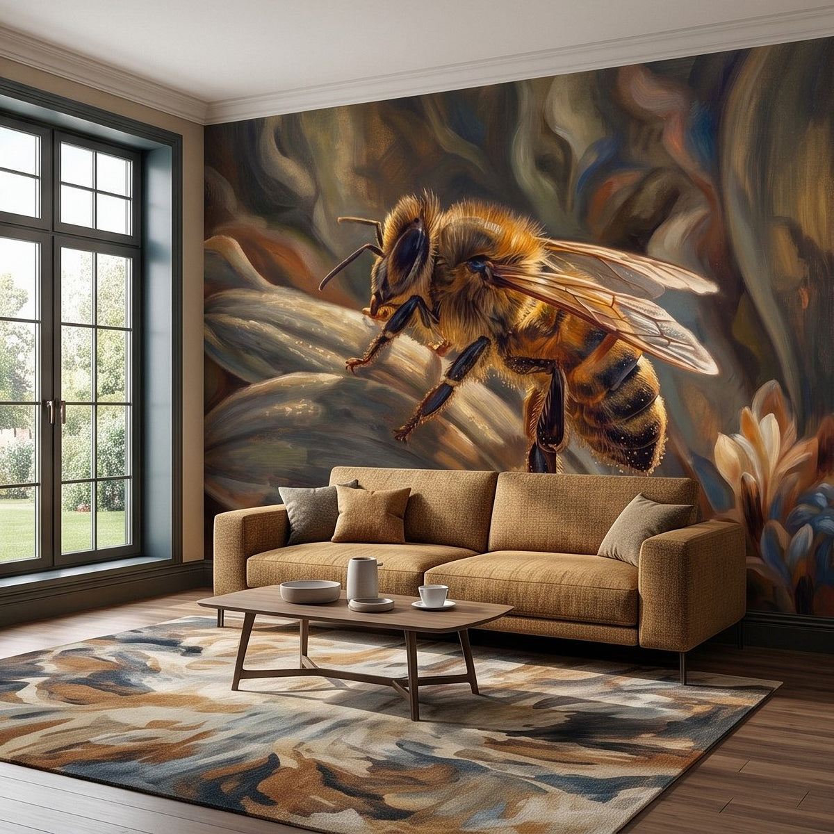 Honey bee botanical wall mural showing the full bee in flight with golden wing highlights