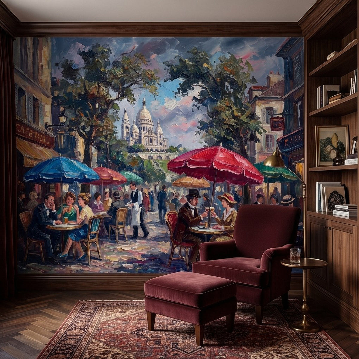 Paris bistro wall mural with red umbrella, diners, and white church basilica in distance