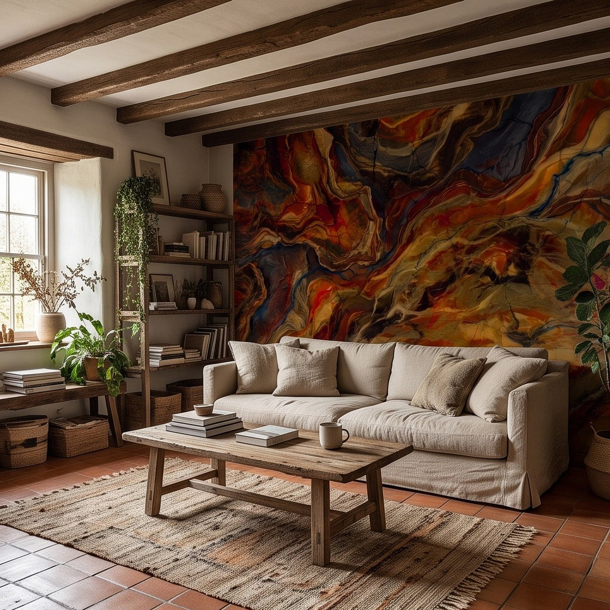 Abstract marbled wall mural with layered onyx-like veining in earthy rust, navy, and gold.