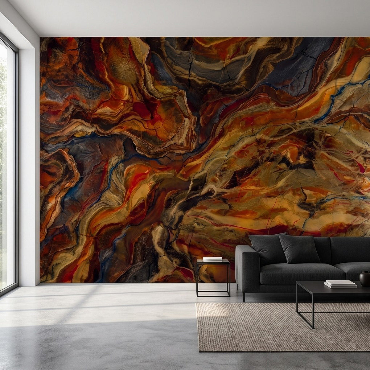 Minimal room view of abstract marbled wall mural in orange, gold, cream, and dark blue.