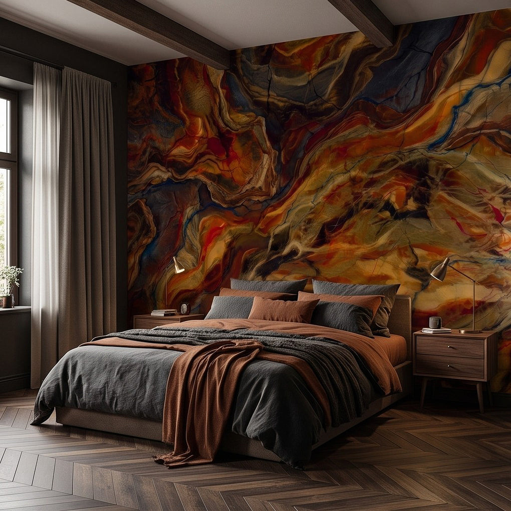 Large abstract marbled wall mural with swirling amber, red, gold, and deep blue.
